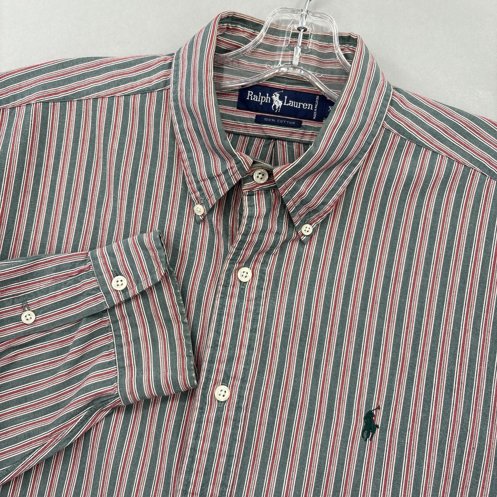 Ralph Lauren Shirt Mens XL Green Red Stripe Button Down Long Sleeve Vintage